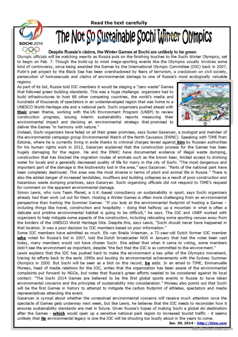 The Not So Sustainable Sochi Winter English ESL Worksheets Pdf Doc