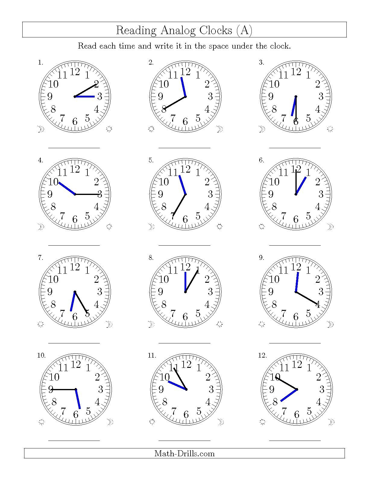 The Reading Time On 12 Hour Analog Clocks In 5 Minute Intervals A Worksheets Library
