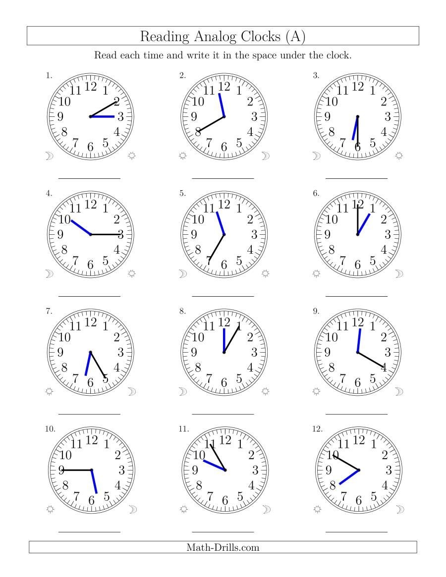 The Reading Time On 12 Hour Analog Clocks In 5 Minute Intervals A Worksheets Library