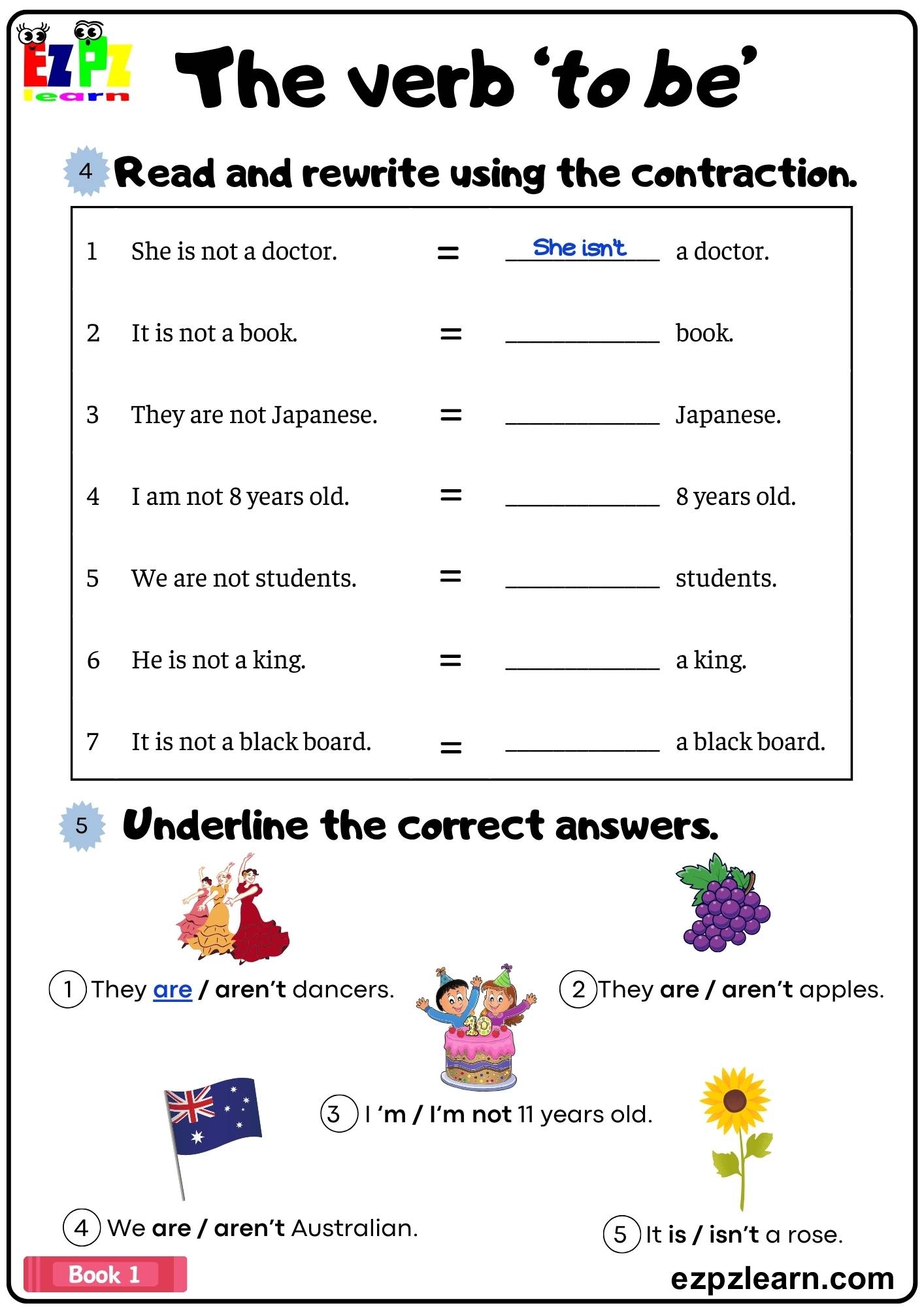 The Verb To Be Simple Present Fill In Contractions Grammar Worksheet Book 1 Ezpzlearn