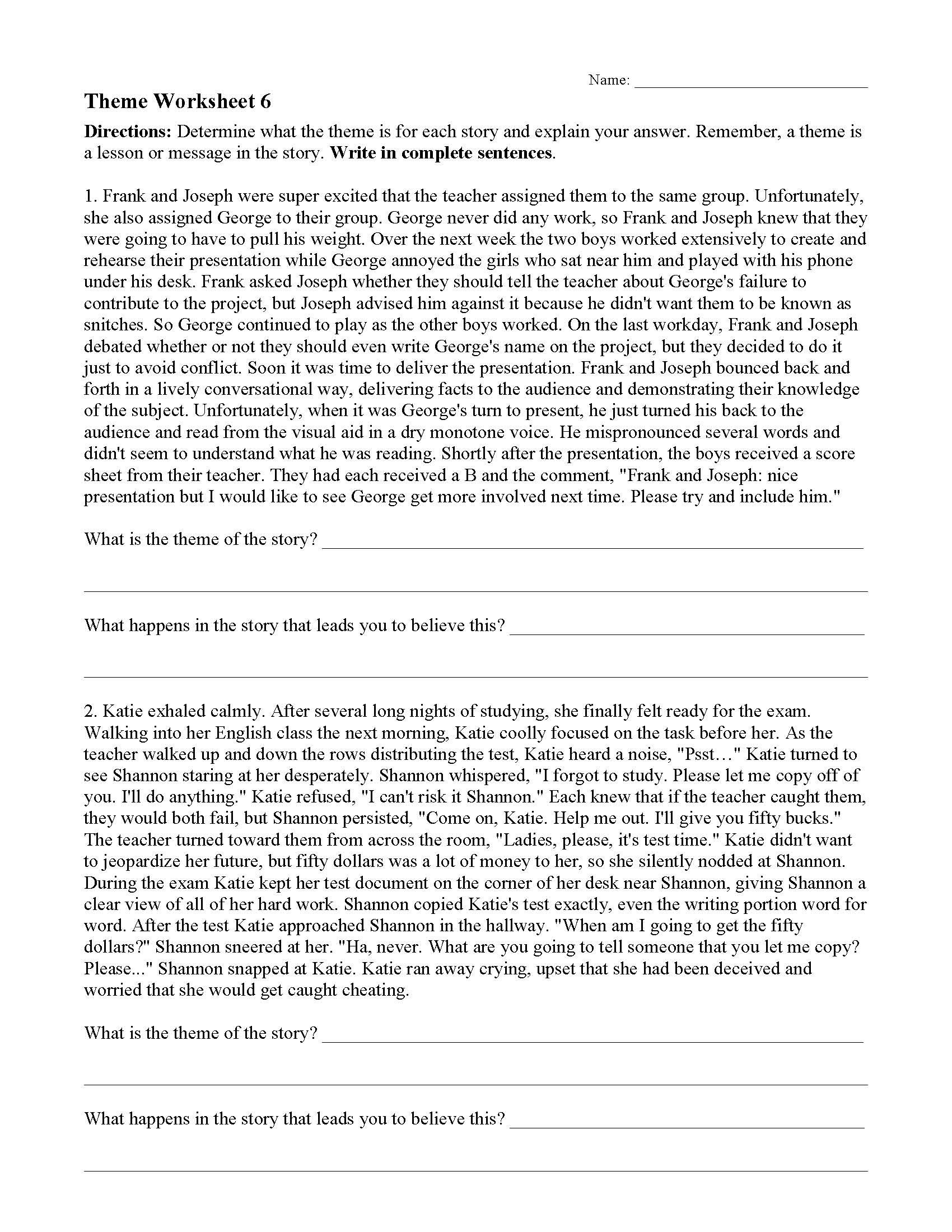 Theme Worksheet 6 Reading Activity