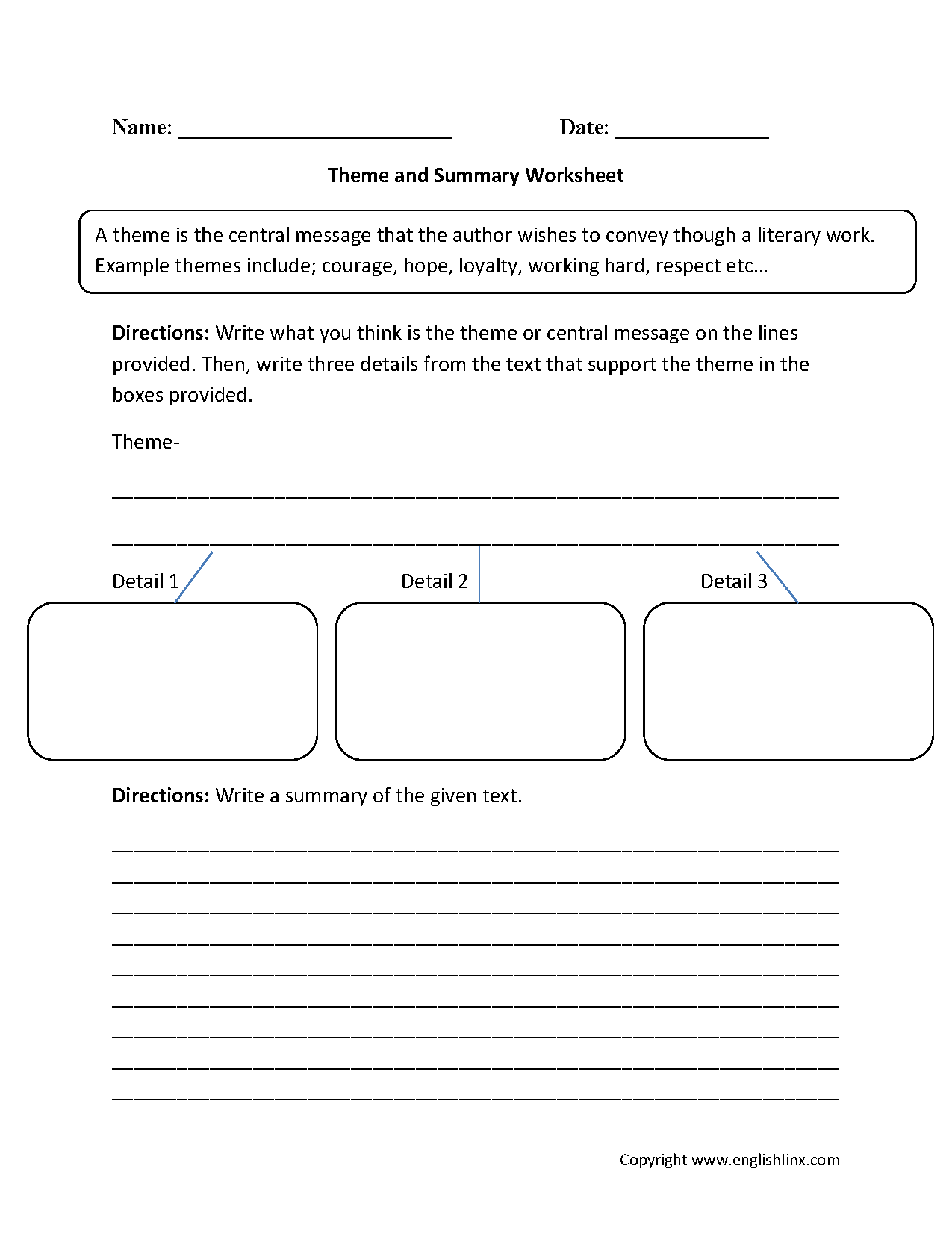 Theme Worksheets Theme Summary