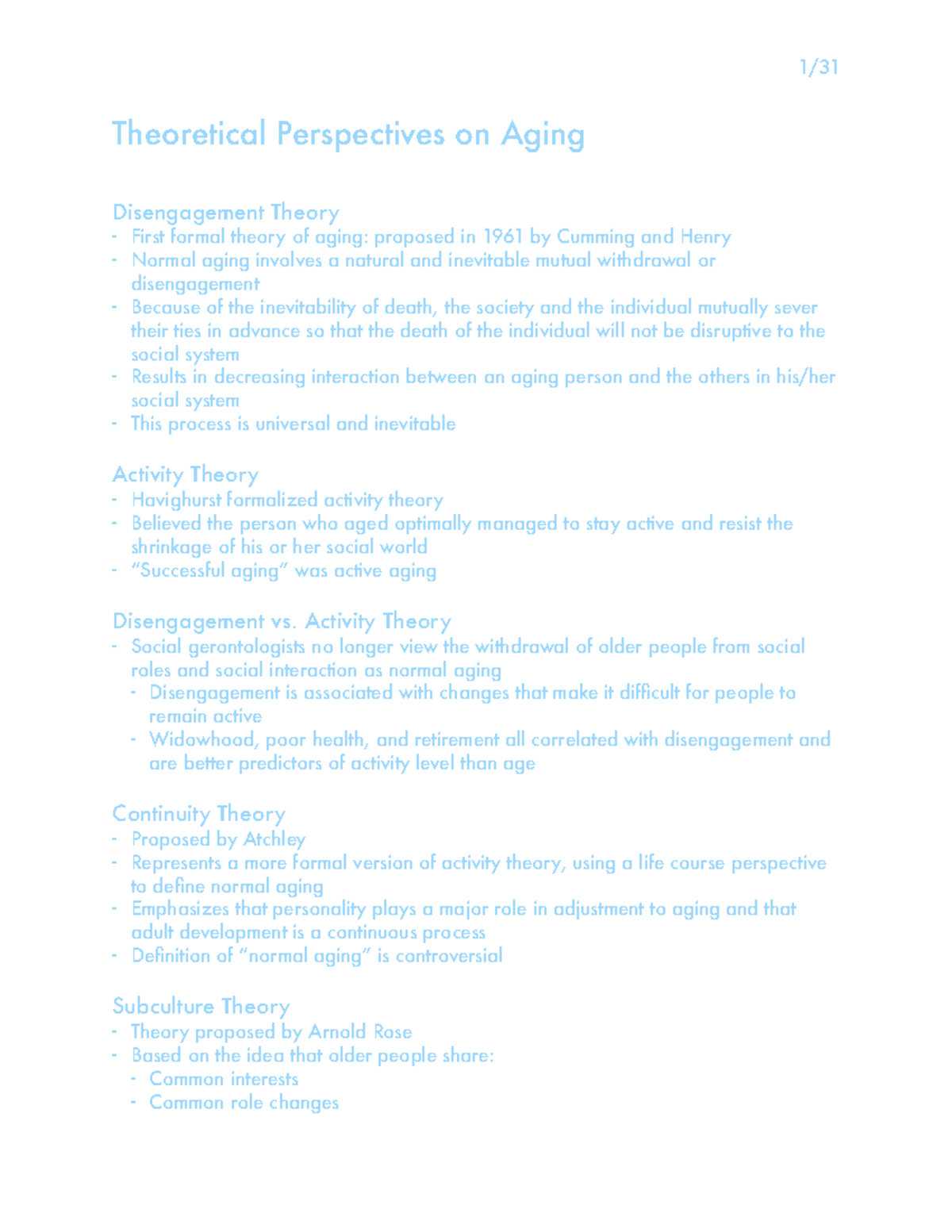 Theoretical Perspectives On Aging 1 Theoretical Perspectives On Aging Disengagement Theory Studocu