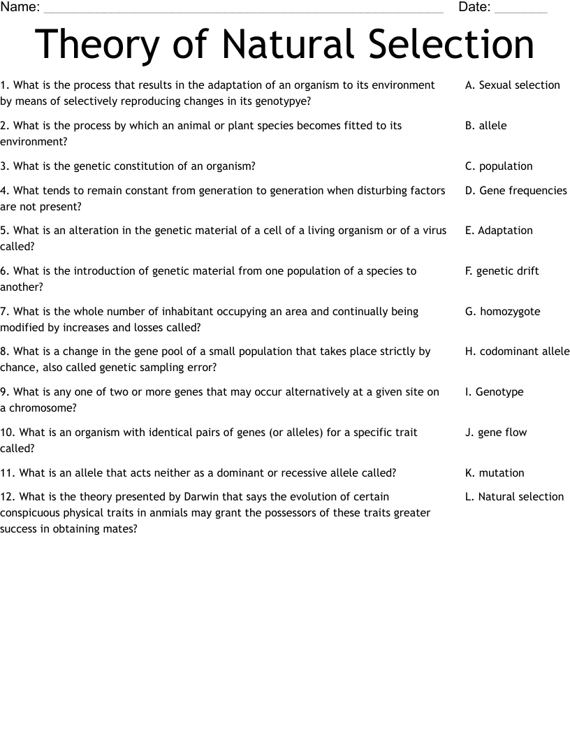 Theory Of Natural Selection Worksheet WordMint Theory Of Natural Selection Worksheet WordMint