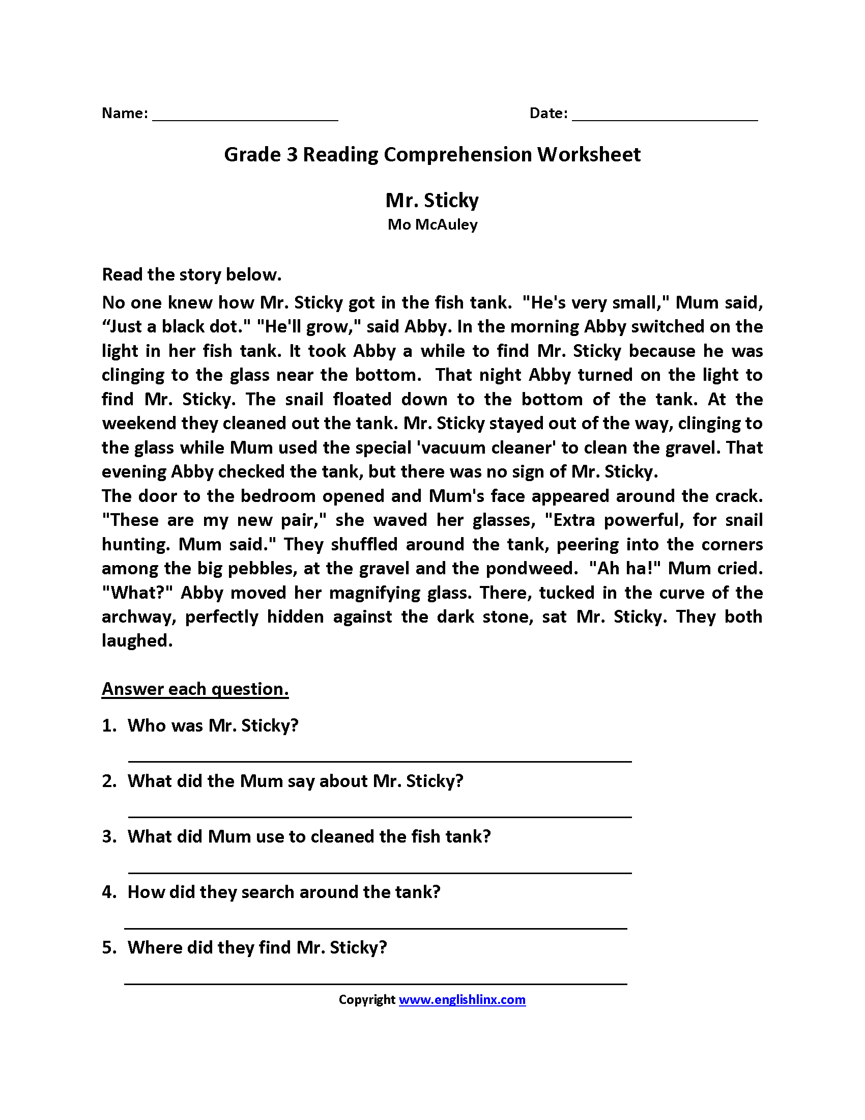 free 3rd grade reading comprehension worksheets