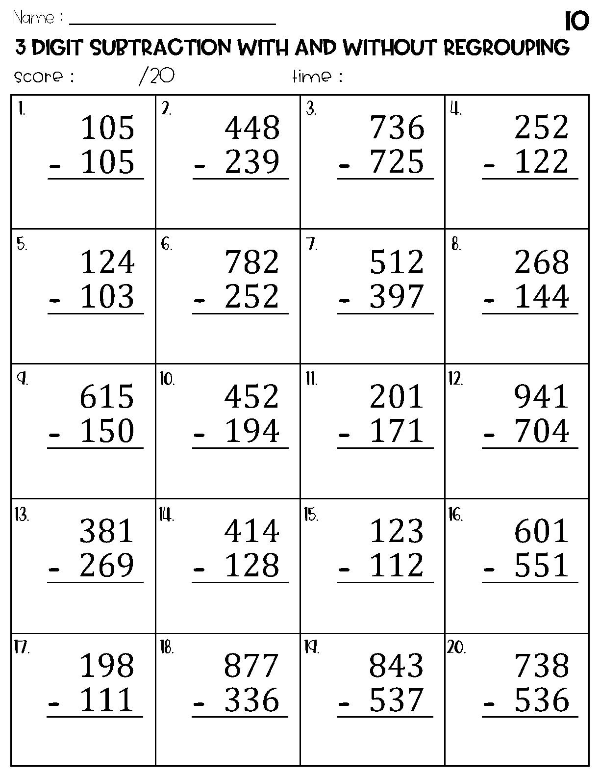 Three Digit Subtraction With And Without Regrouping Worksheets Etsy