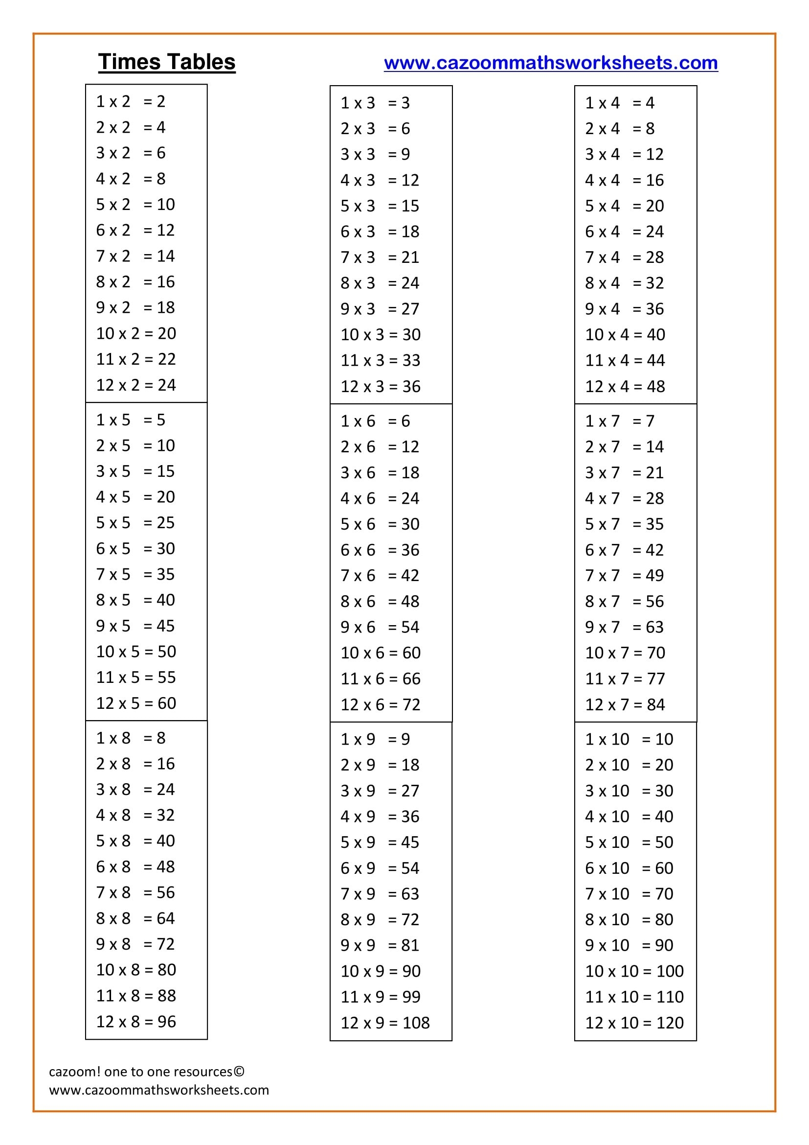 time table multiplication worksheets