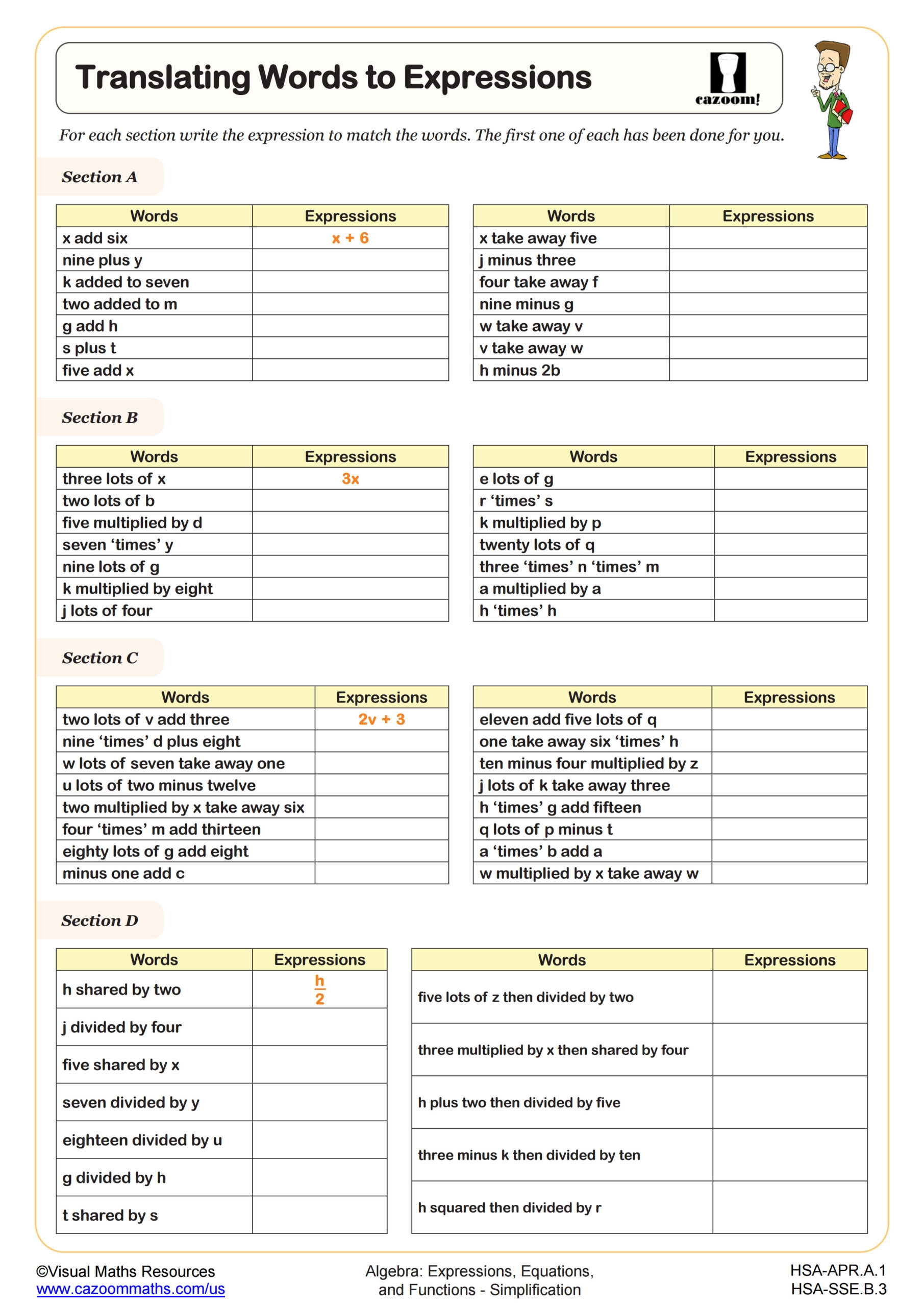 writing algebraic expressions worksheet