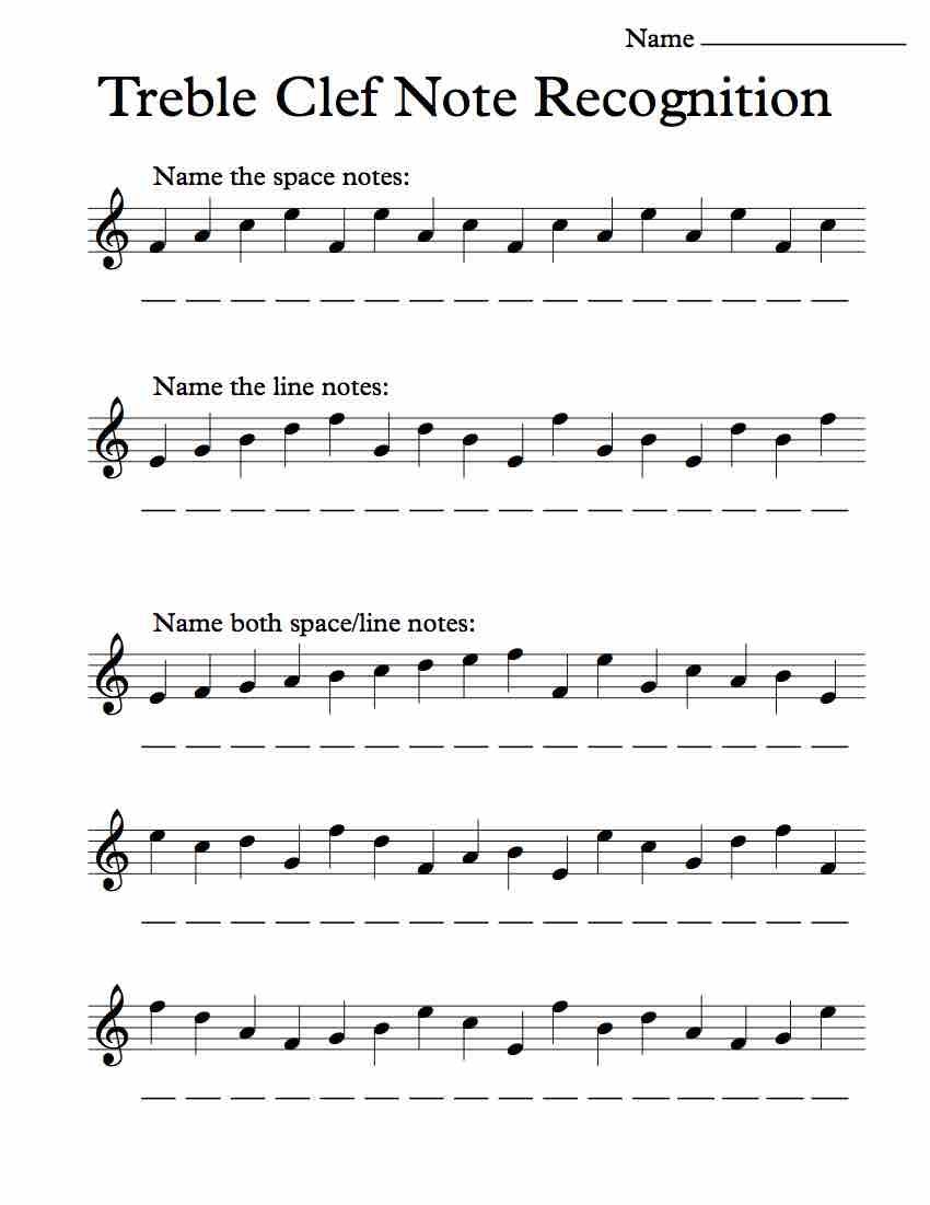 Treble Clef Note Recognition Worksheet