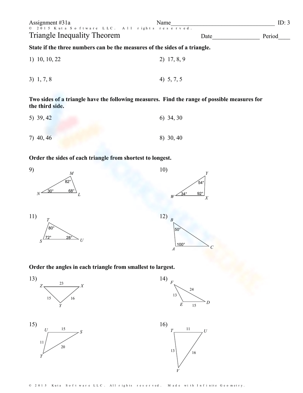 Triangle Inequality Theorem Worksheets
