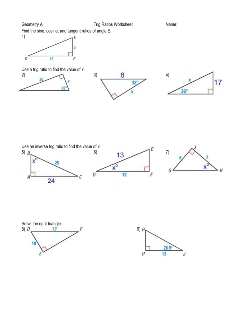Trig Ratios Worksheet Geometry Problems Solutions