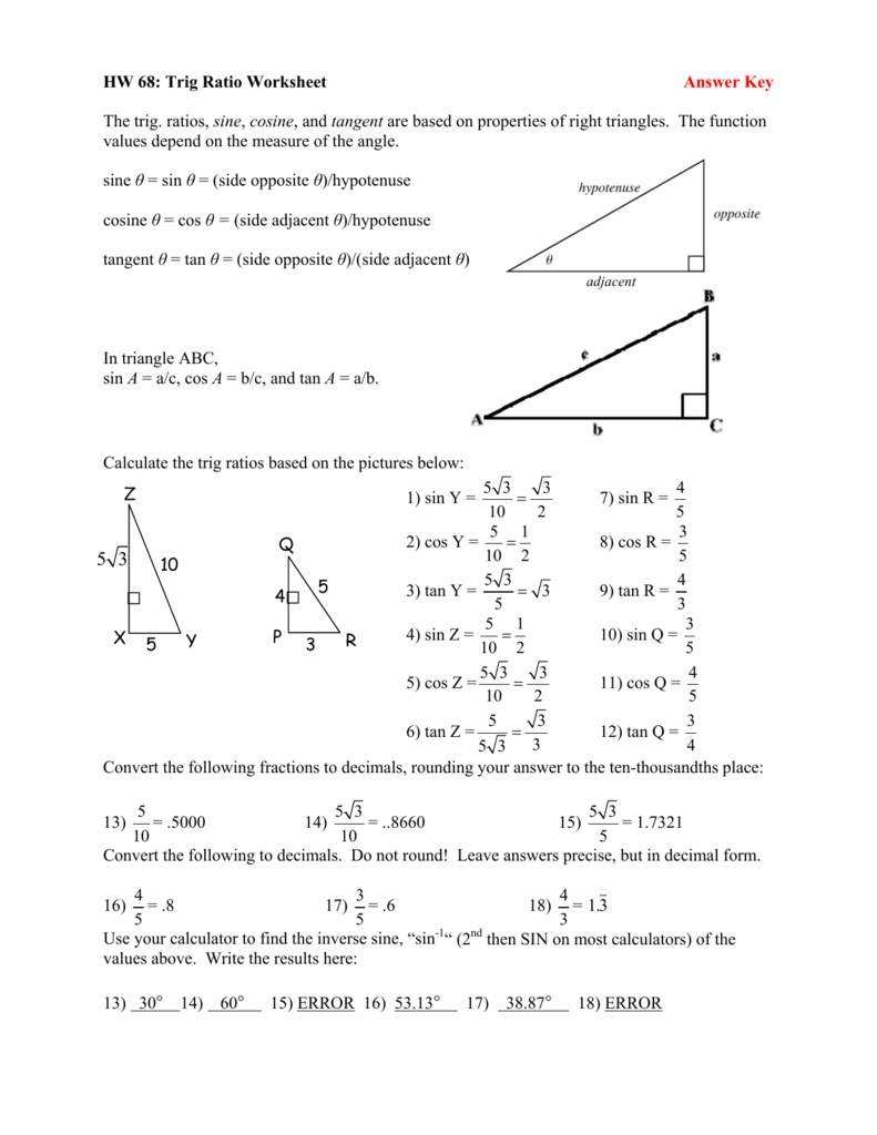 Trig Ratios Worksheet With Answer Key
