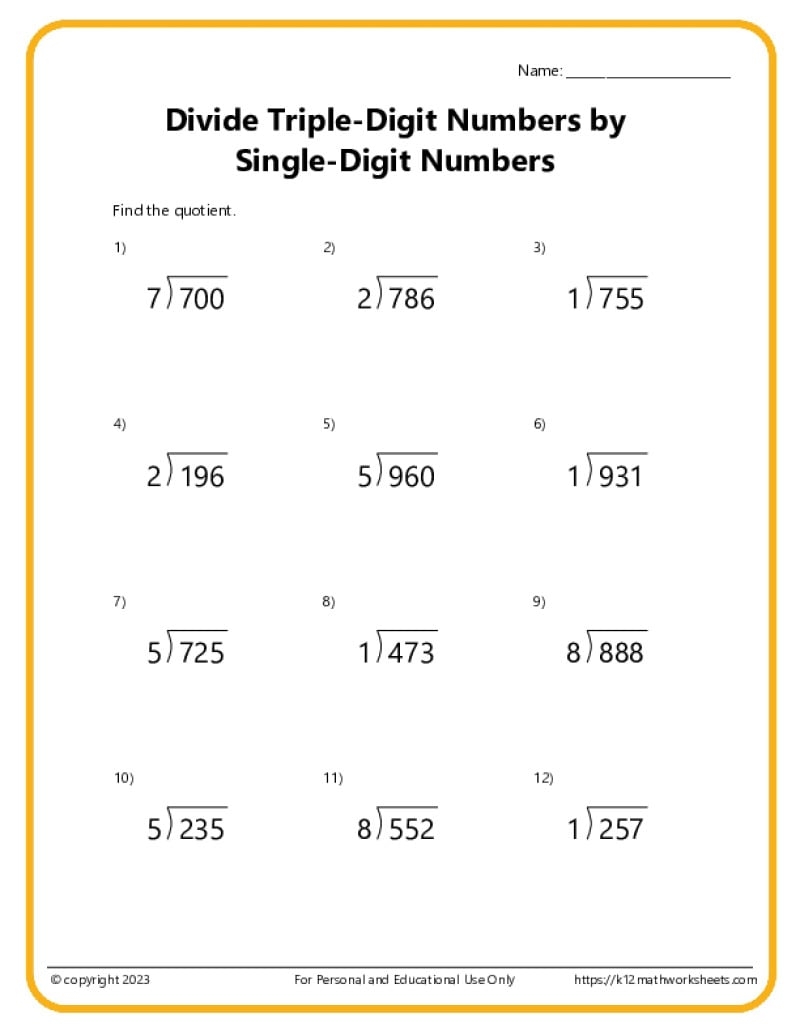 Triple Digit Division K12 Math Worksheets