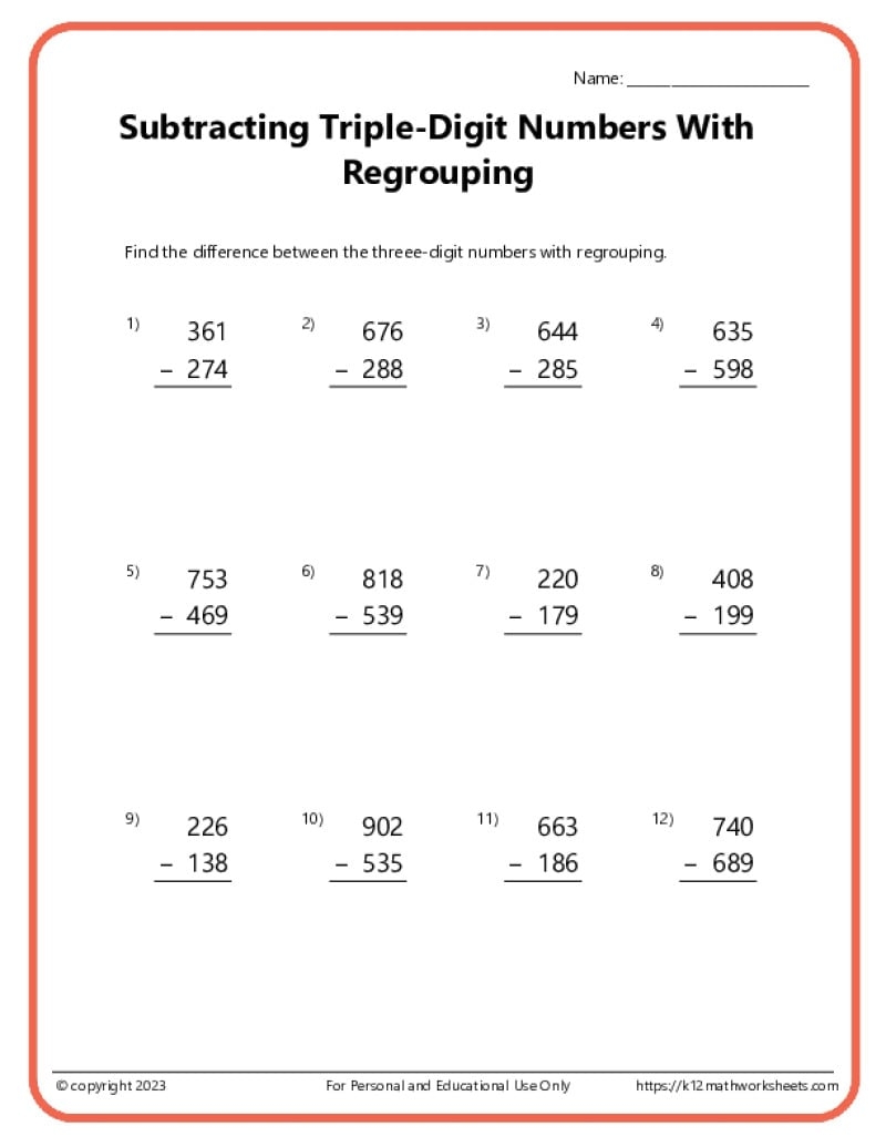 Triple Digit Subtraction With Regrouping Worksheets
