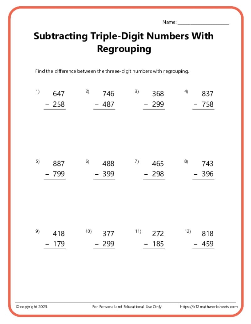 math worksheets for regrouping