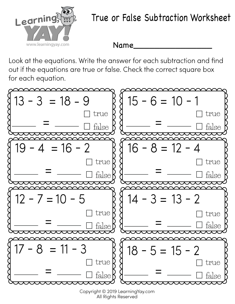 True Or False Subtraction Worksheet For 1st Grade Free Printable True Or False Subtraction Worksheet For 1st Grade Free Printable