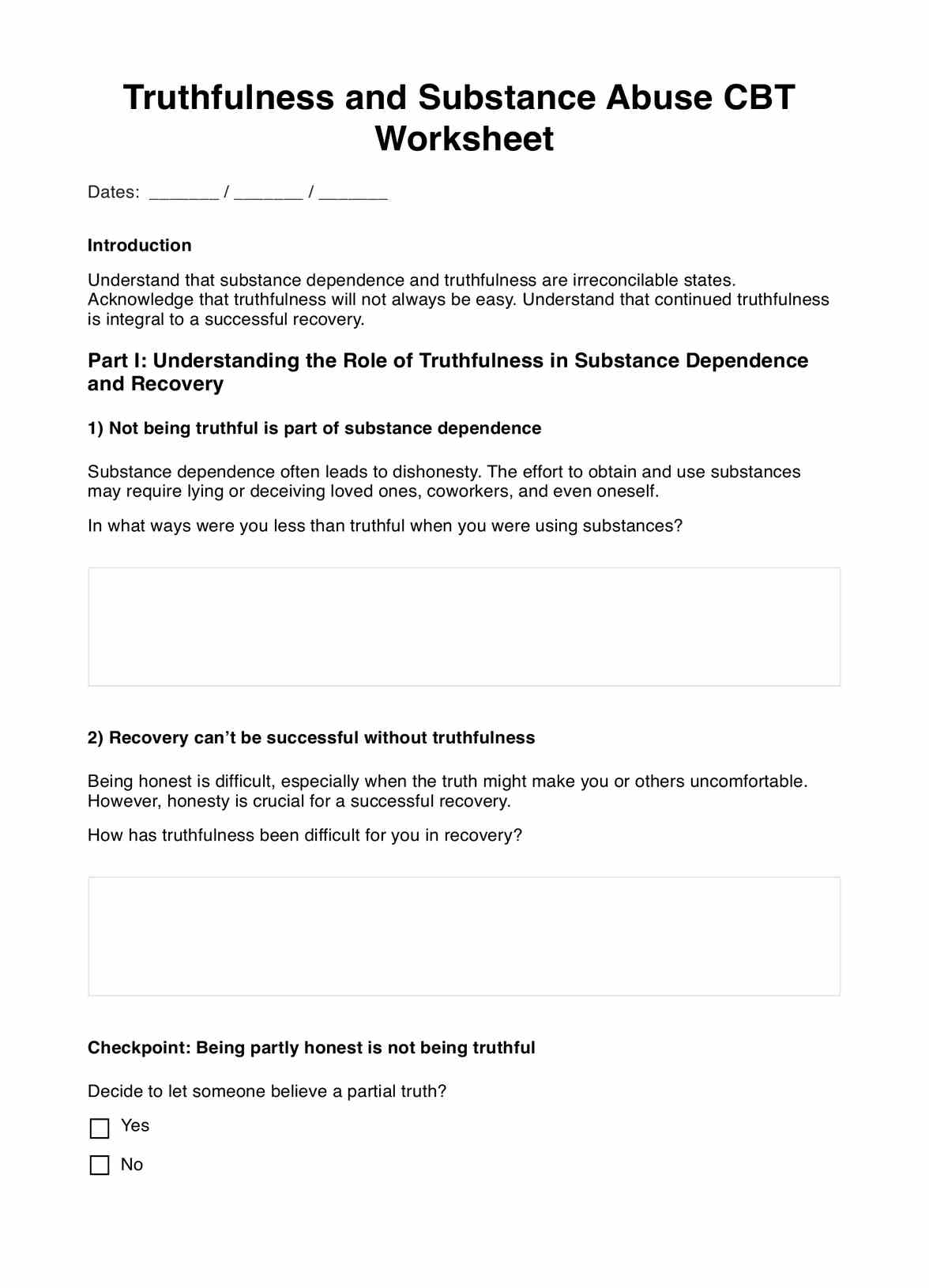 Truthfulness And Substance Abuse CBT Worksheets
