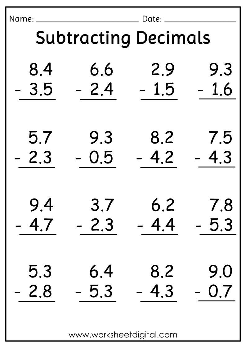 Two digit Decimal Subtraction Worksheet Grade 1 2 Practice PDF Etsy