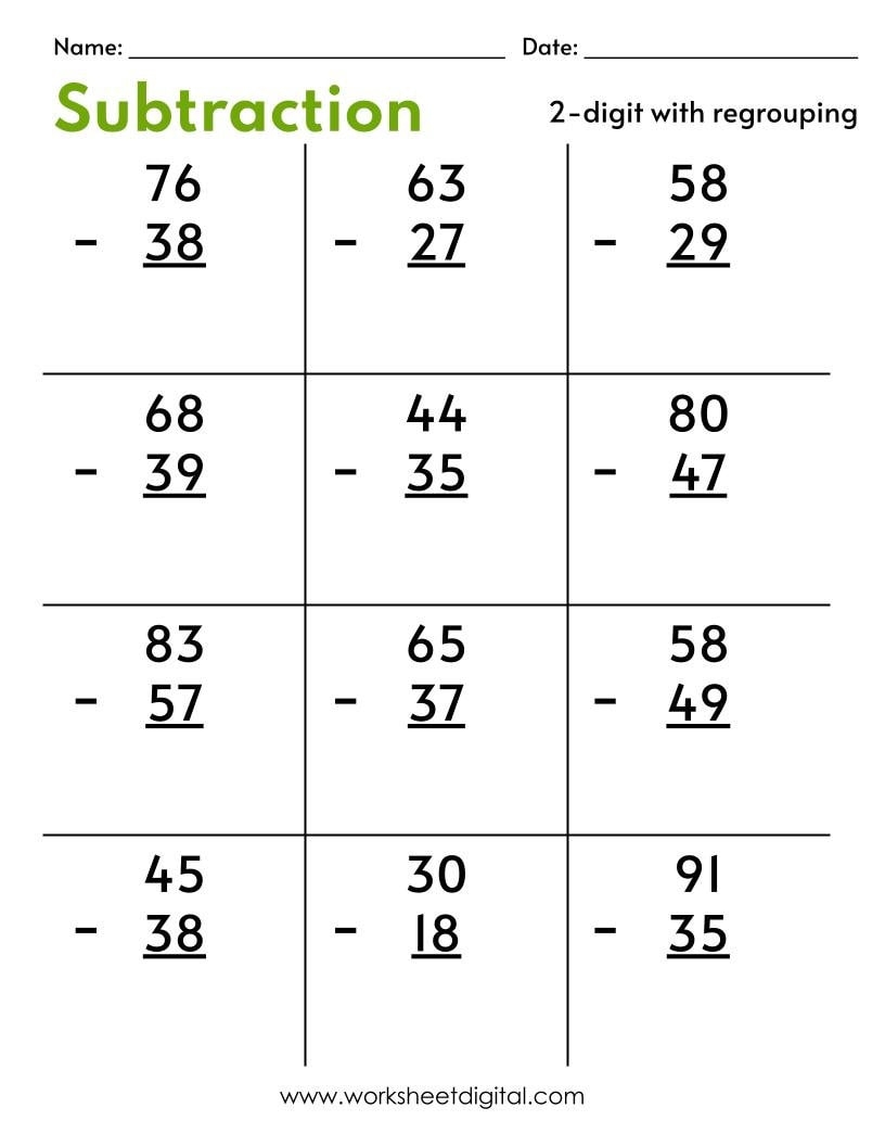 Two Digit Subtraction Worksheets With Regrouping PDF Etsy Hong Kong