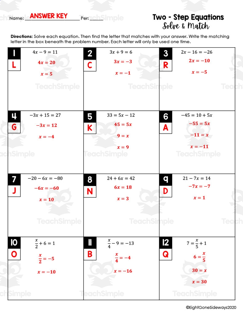 Two Step Equations Solve Match Worksheet By Teach Simple