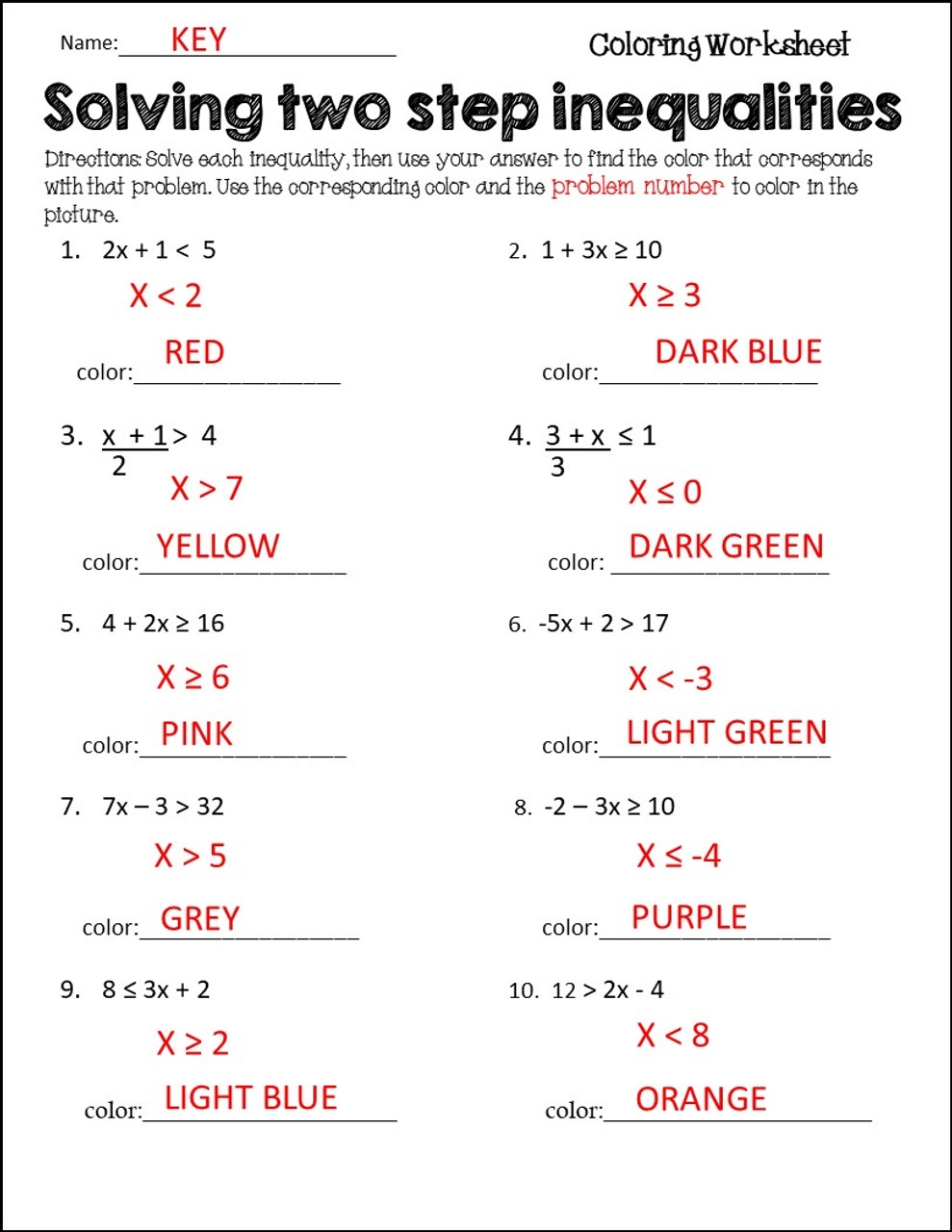 Two Step Inequalities Coloring Worksheet Worksheets Library