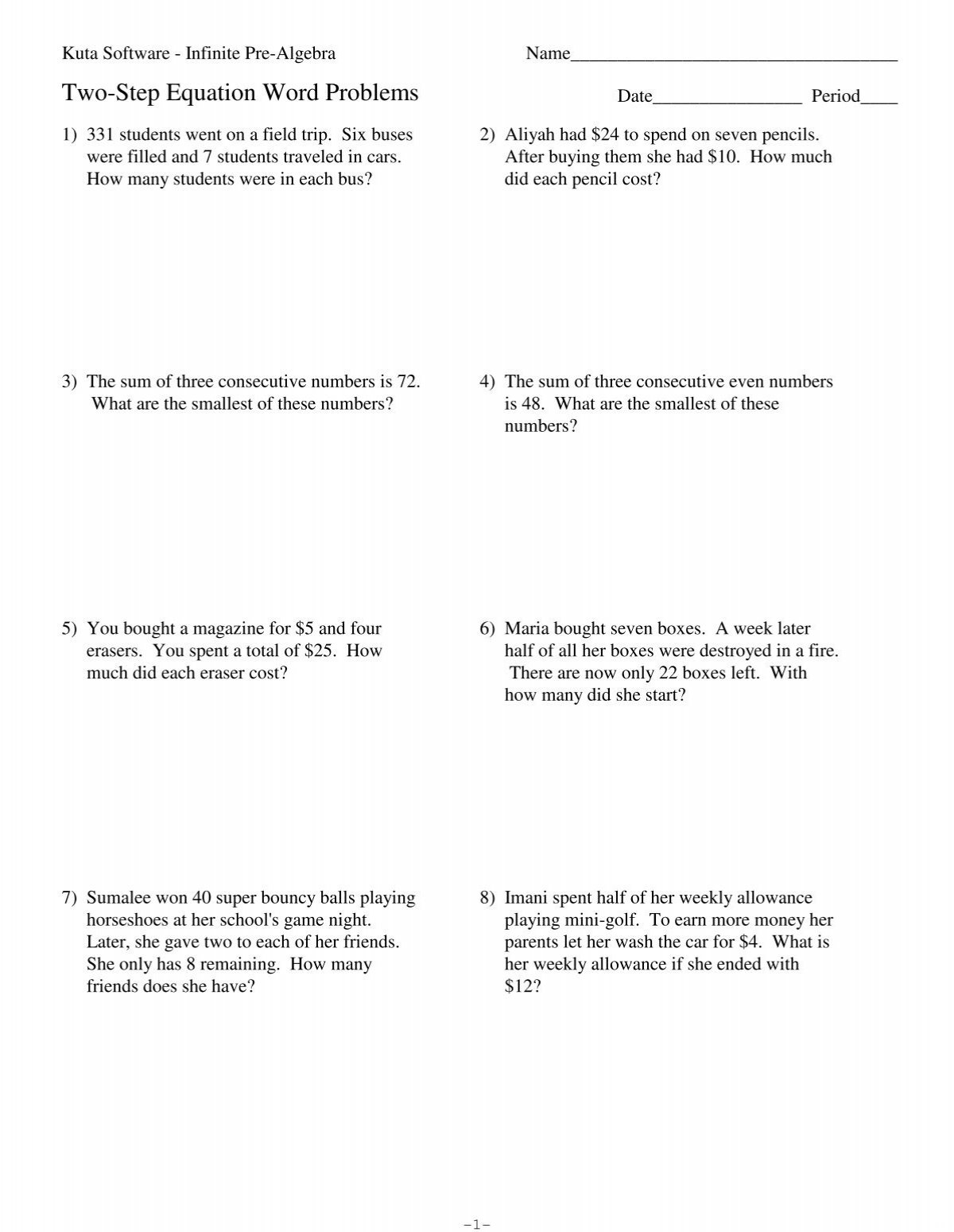 Two Step Word Problems Kuta Software