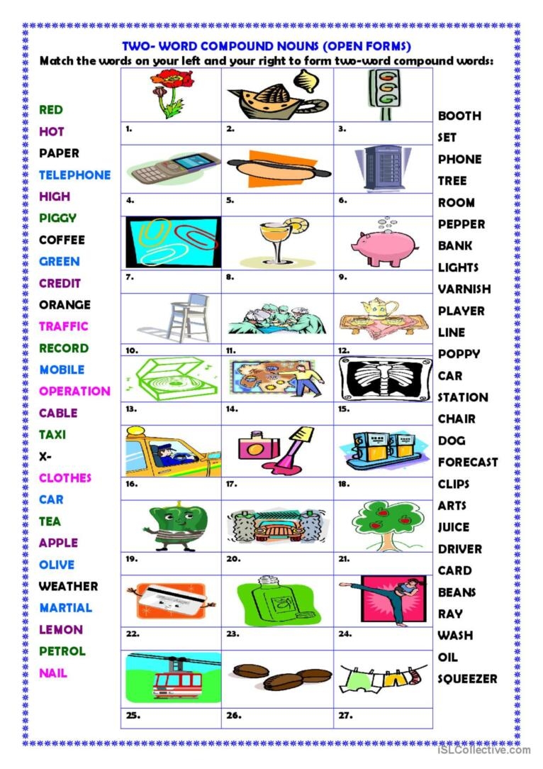 Two word Compound Words open Forms English ESL Worksheets Pdf Doc