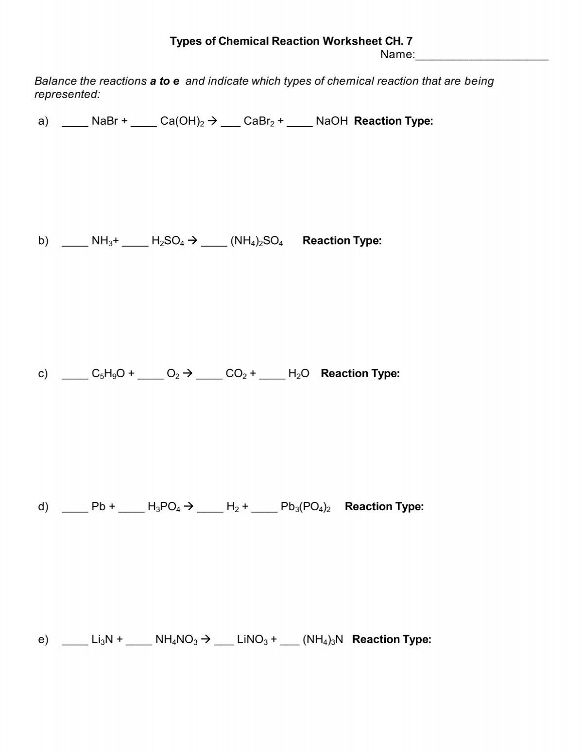 Types Of Chemical Reaction Worksheet CH 7 Name Balance The  Types Of Chemical Reaction Worksheet CH 7 Name Balance The