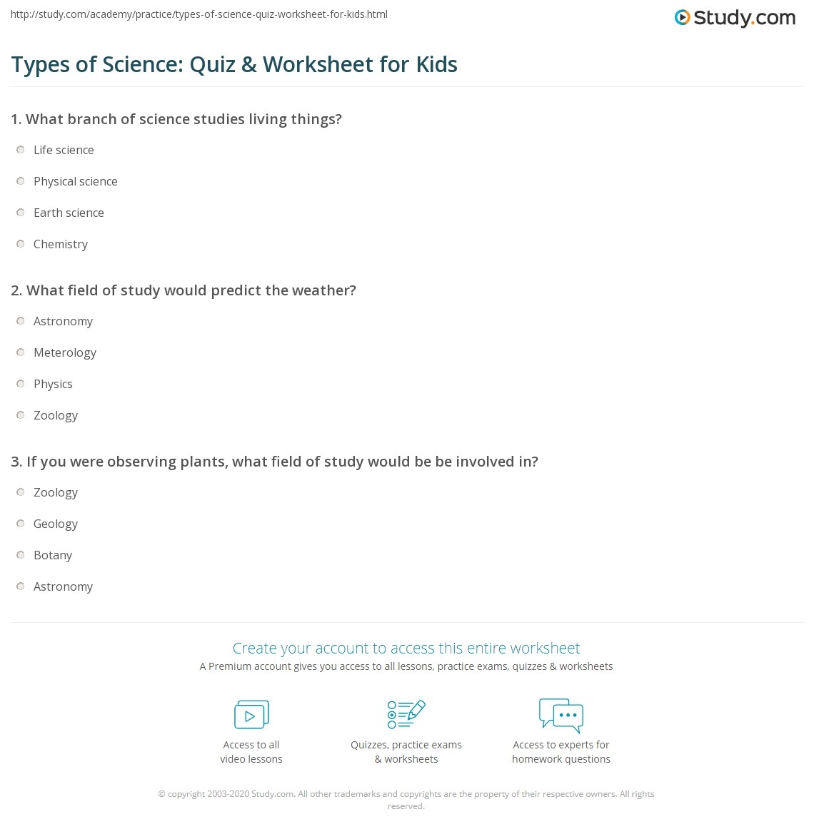 Types Of Science Quiz Worksheet For Kids Study