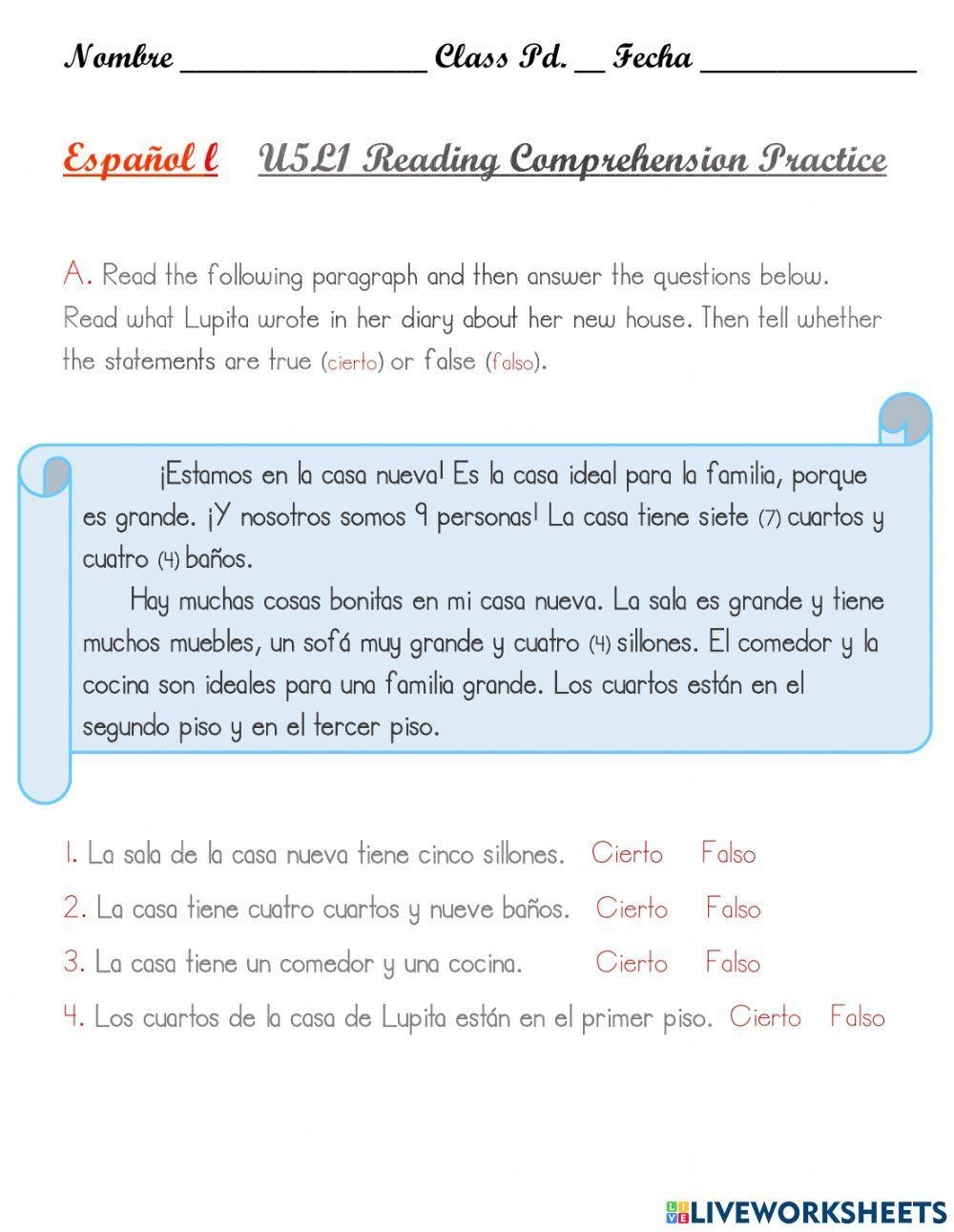 spanish reading comprehension worksheets