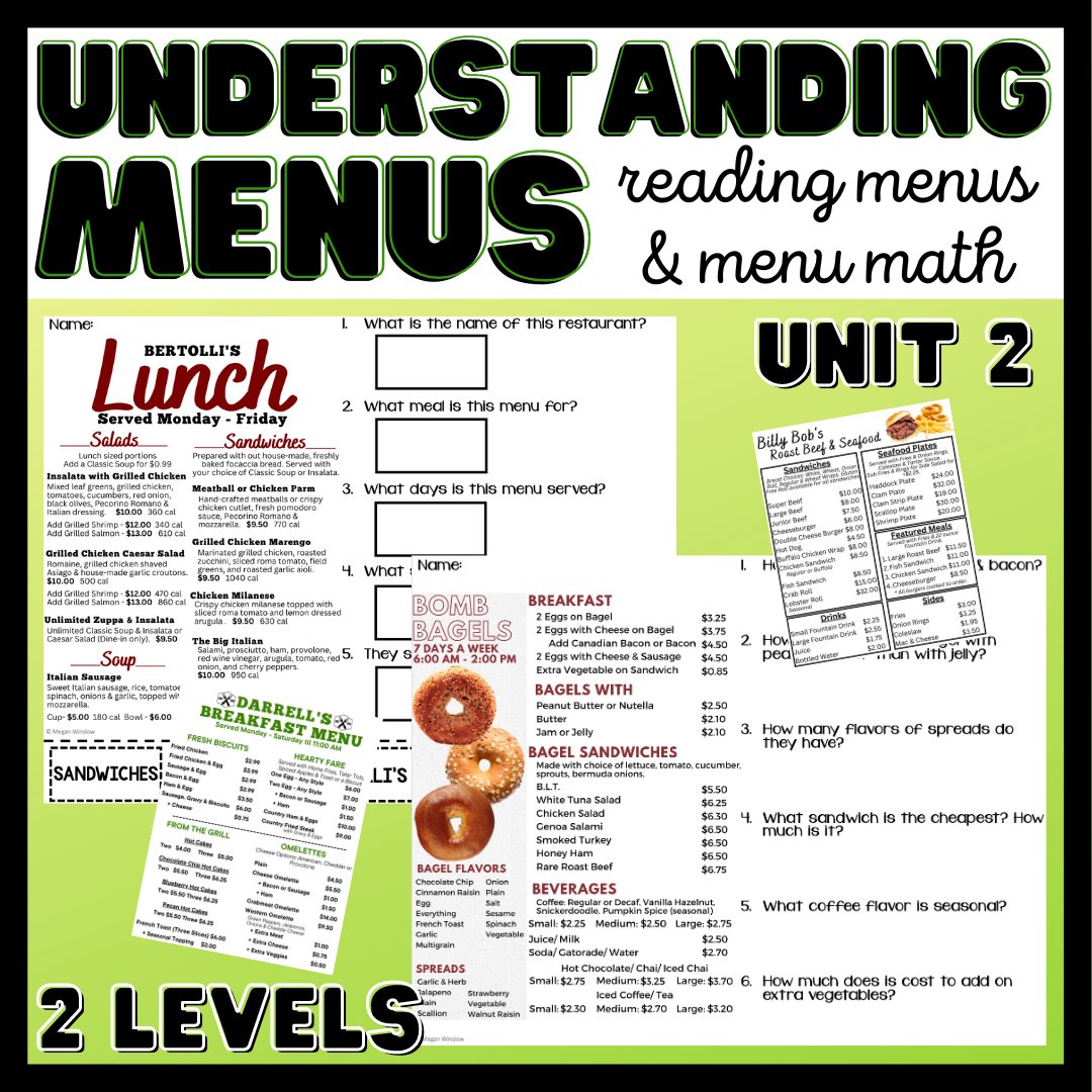 menu math worksheets