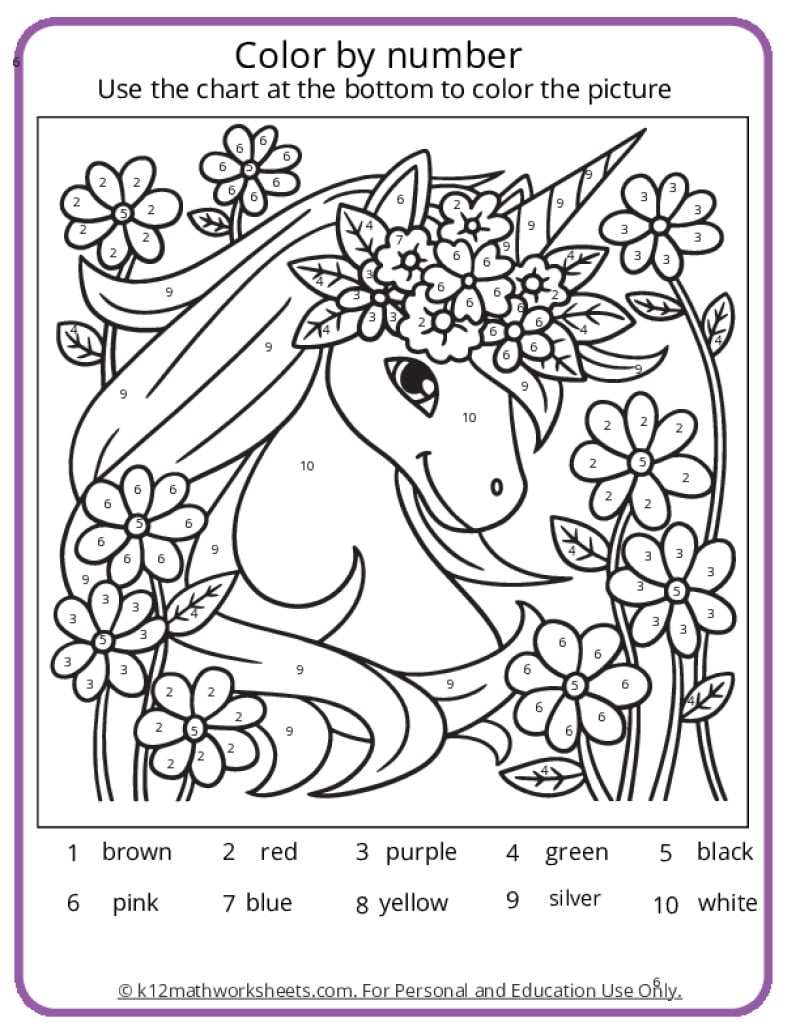 Unicorn Color By Number Pages K12 Math Worksheets