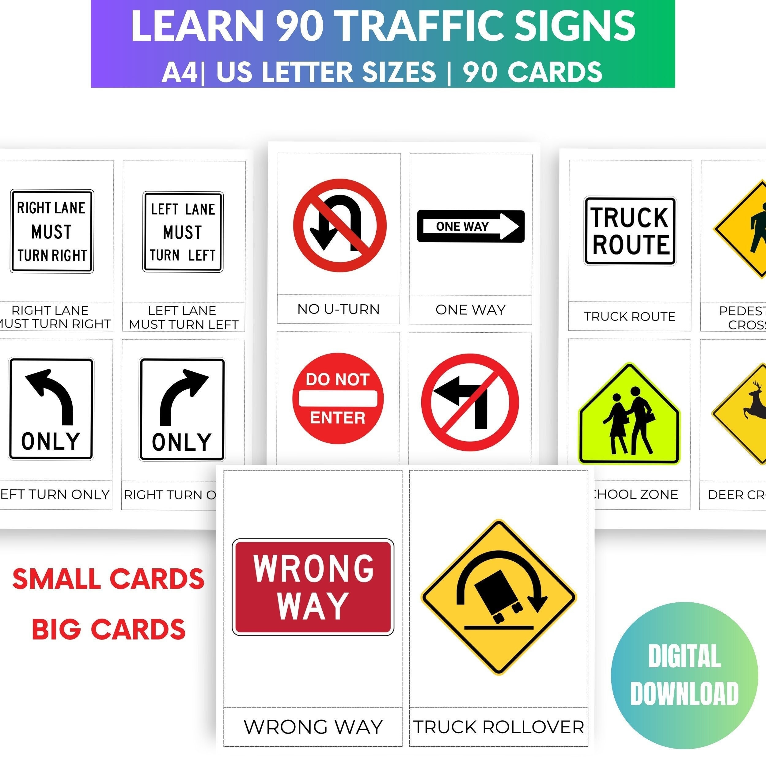 USA Traffic Signs Learning Flashcards Road Test Signs Printable DMV Permit Practice Cards Street Signs 3 part Cards Montessori Flashcards Etsy