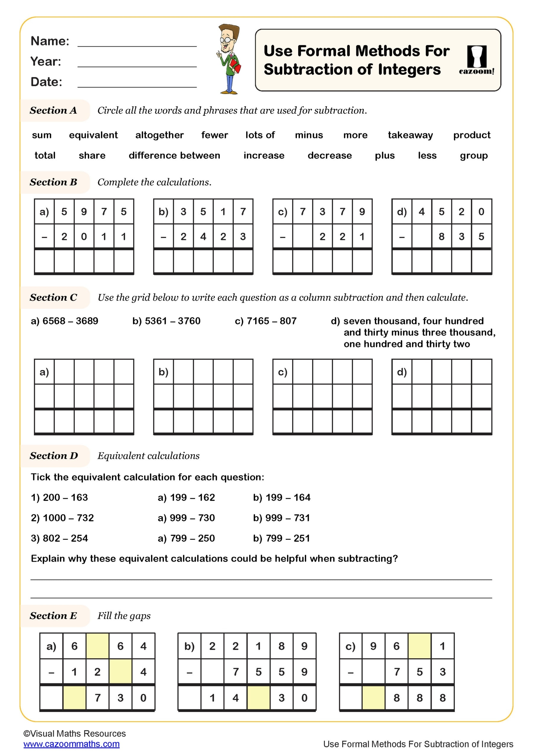 subtraction integers worksheets