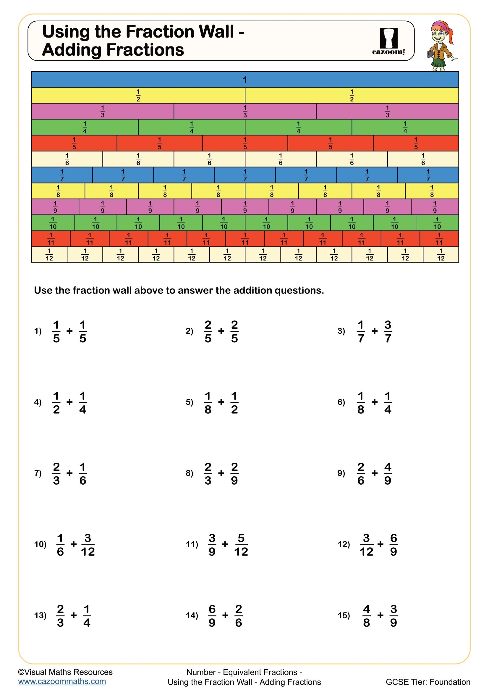Using The Fraction Wall Adding Fractions Printable PDF Year 7 And 8 Number Worksheet