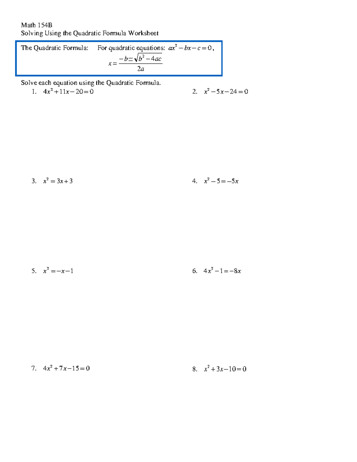 Using The Quadratic Formula To Sketch Graphs Math 154B Name Solving Using The Studocu