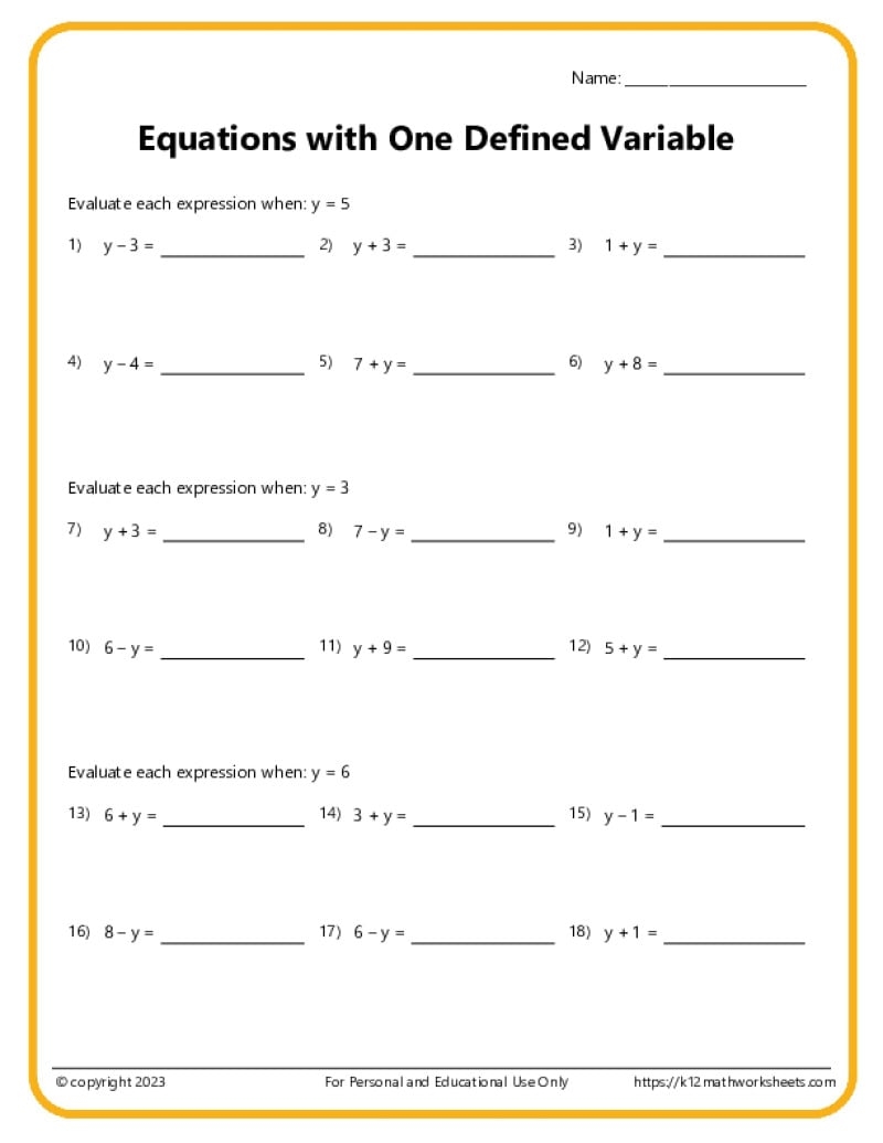 Variable Equations Worksheets
