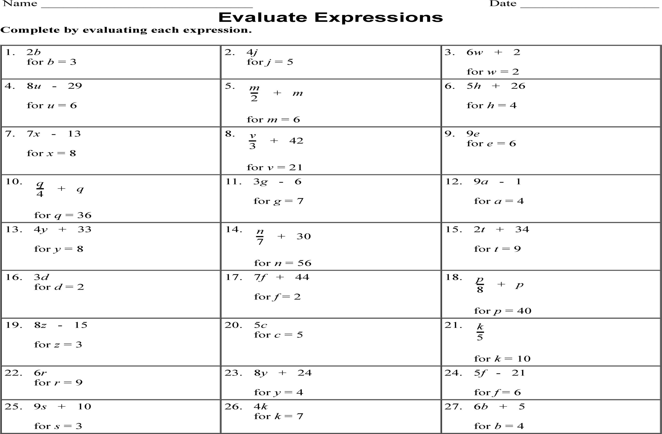 evaluating algebraic expressions worksheet