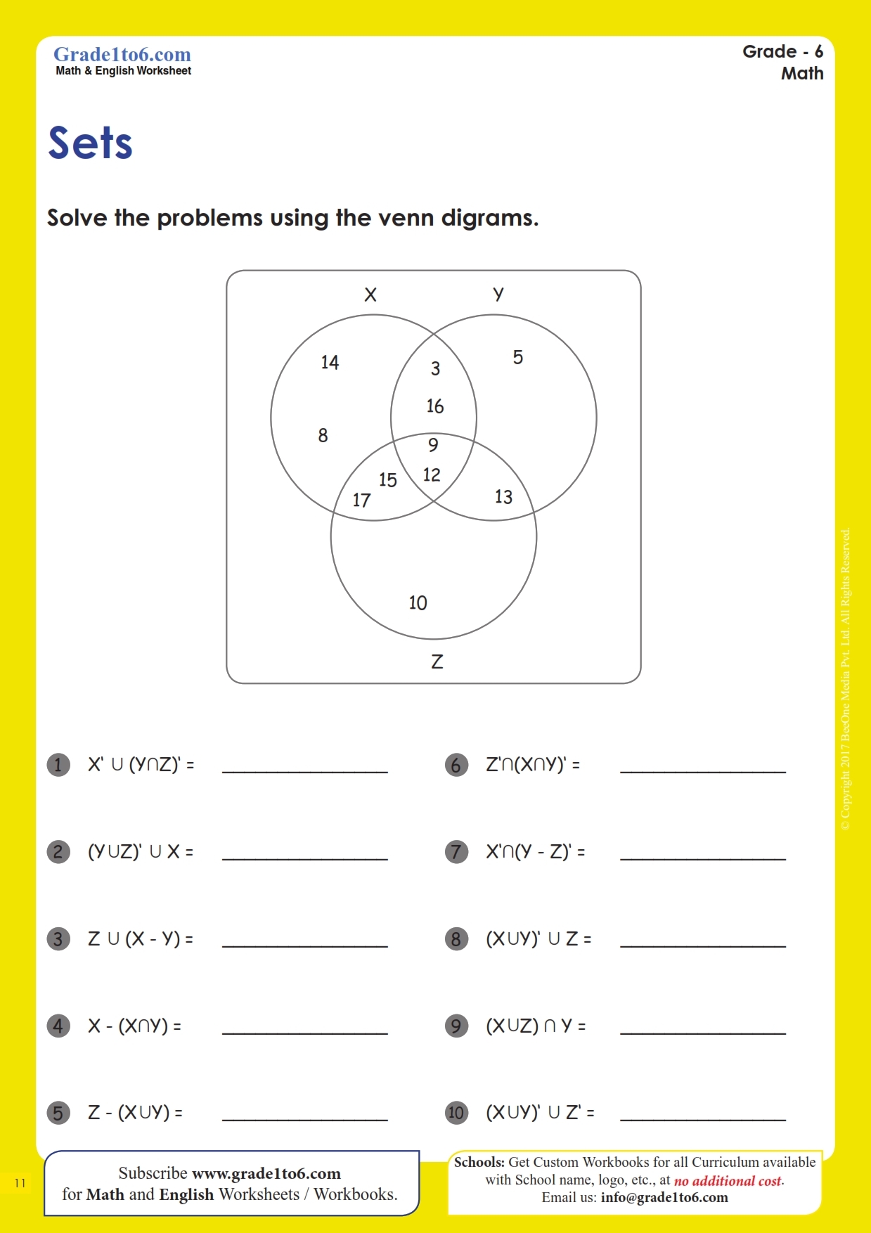Venn Diagram Worksheets 3 Sets Grade1to6