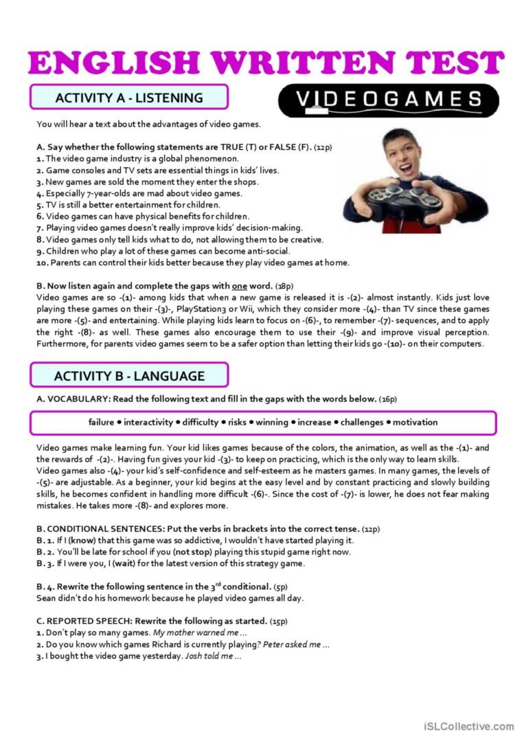 VIDEO GAMES 10th Grade TEST Creati English ESL Worksheets Pdf Doc