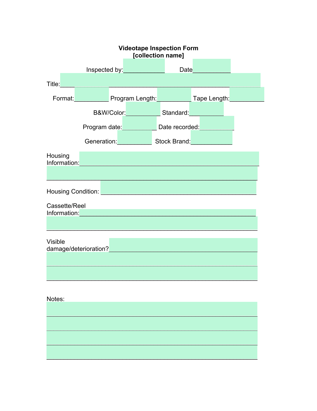 Videotape Inspection Form
