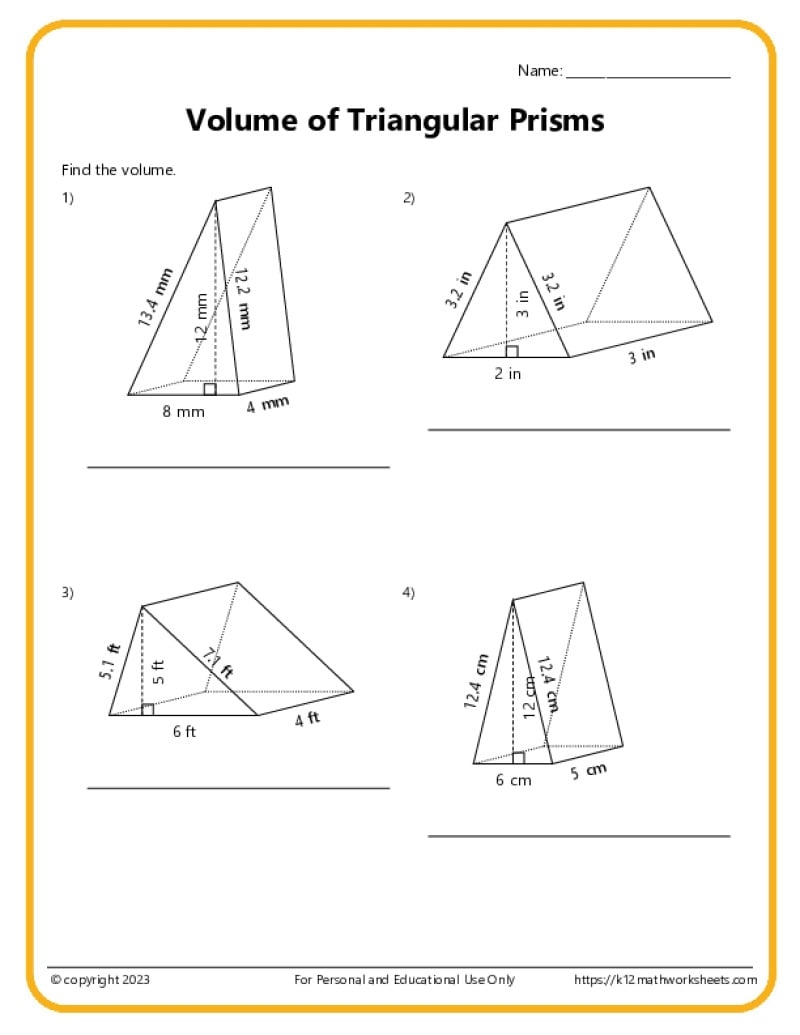 Volume And Surface Area Of Triangular Prisms K12 Math Worksheets