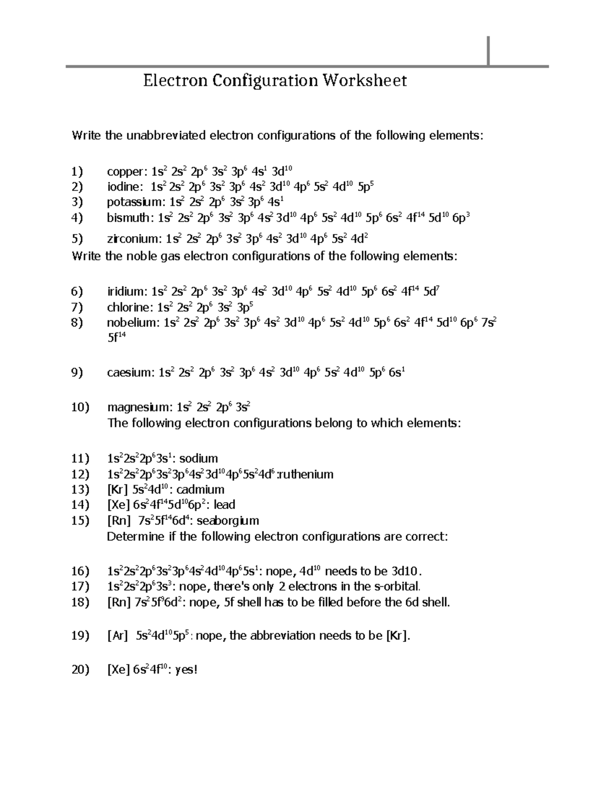 W311 Electron Configuration Worksheet And Noble Gas Configurations Studocu