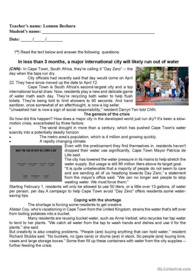 Water Issue Reading Comprehesio English ESL Worksheets Pdf Doc