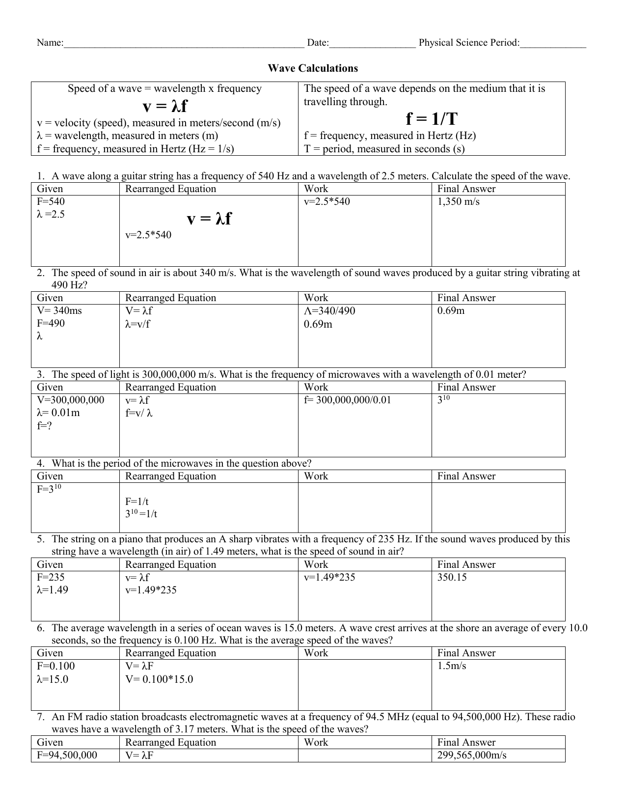 waves worksheet answer key
