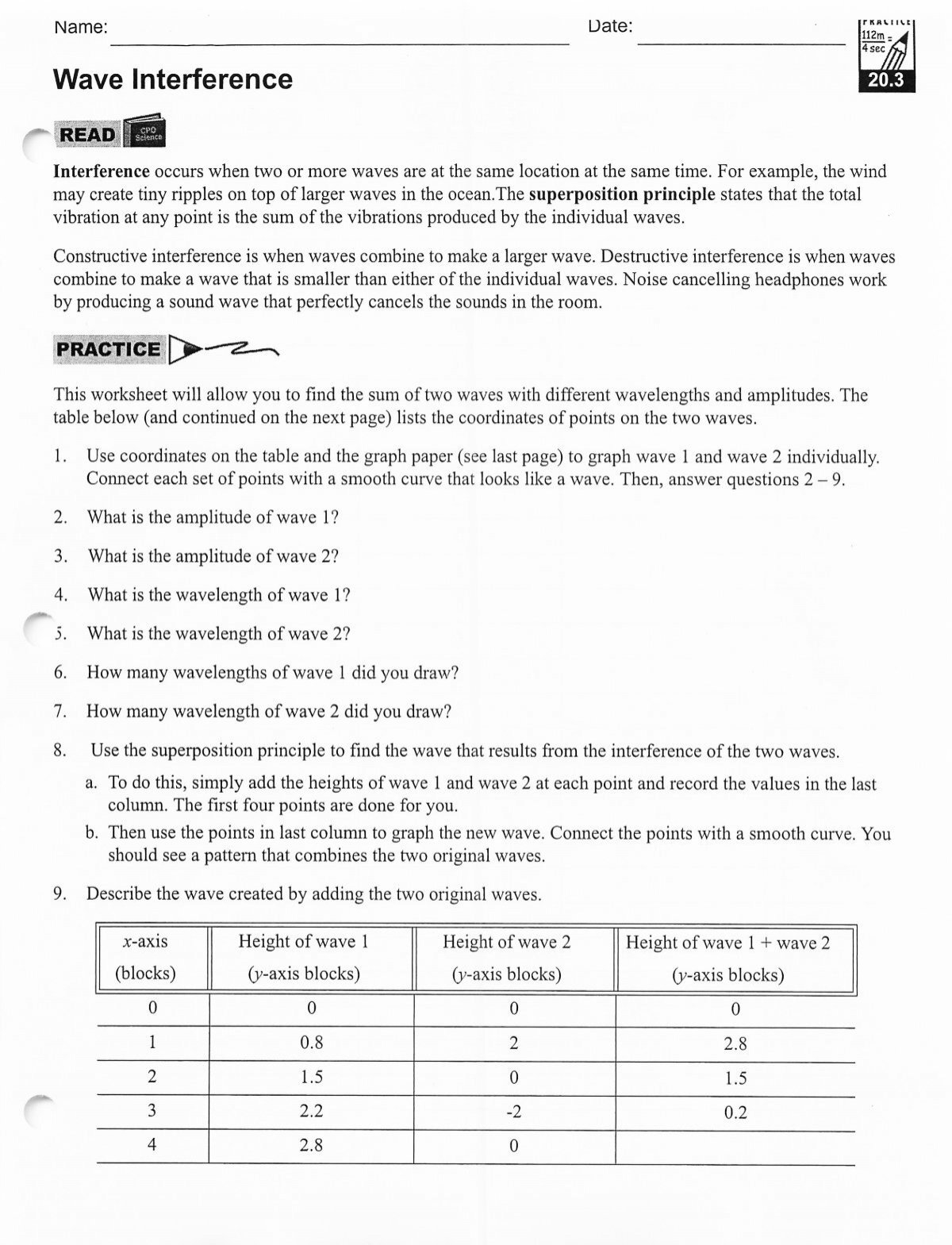 Wave Interference Worksheet