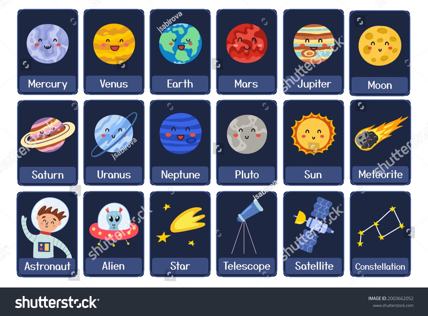 Weltraumkarten F r Kinder Erziehungskarten Mit Planeten Stock Vektorgrafik Lizenzfrei 2003662052 Shutterstock