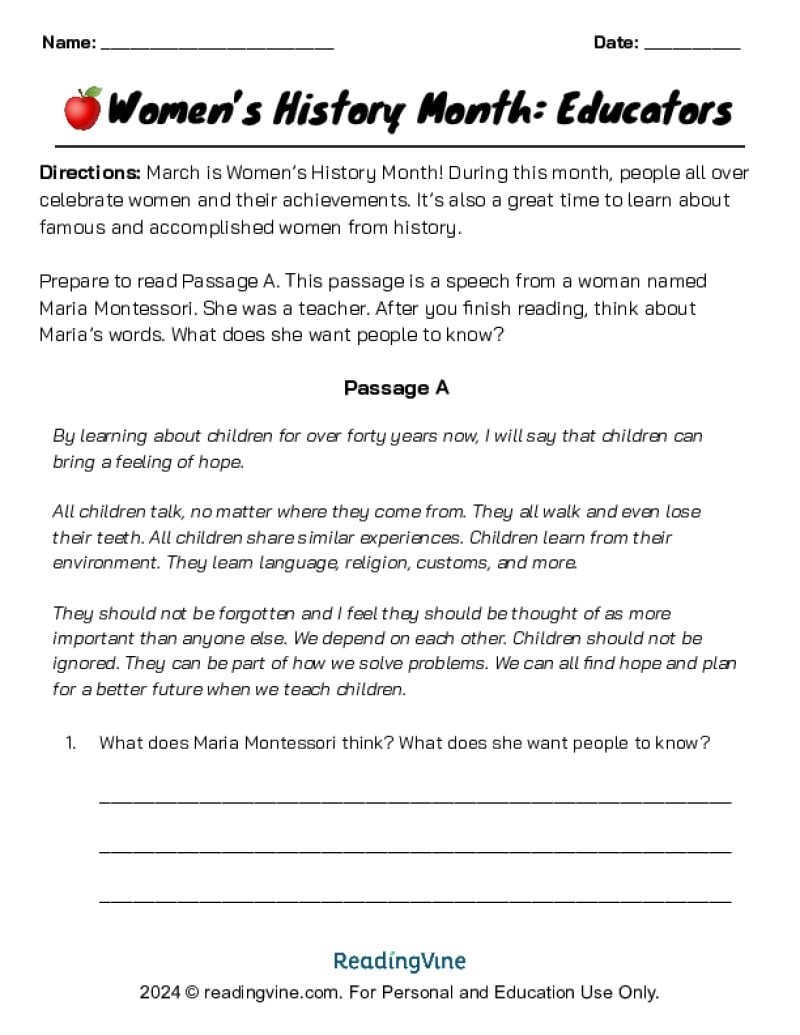 Women s History Educators Reading Activity ReadingVine