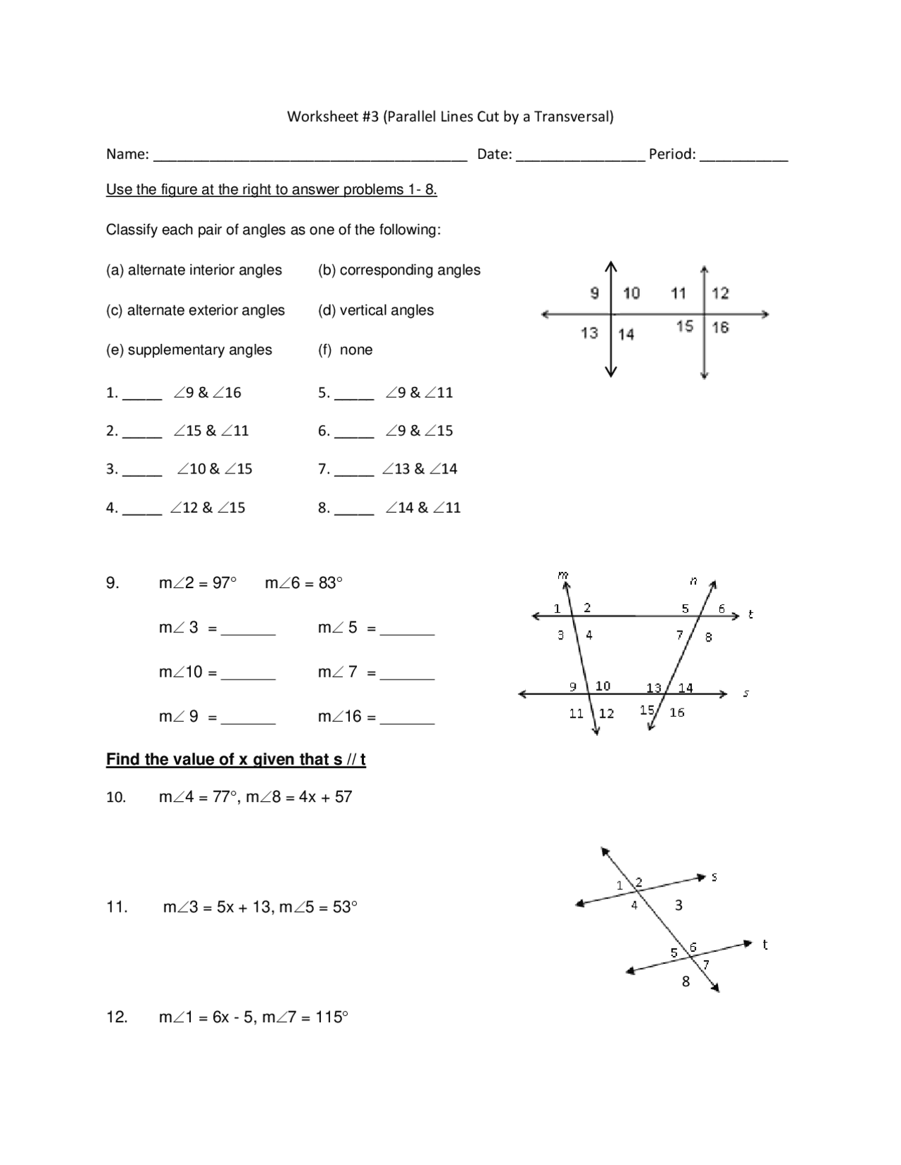 Worksheet 3 Parallel Lines Cut By A Transversal Name Slides Linear Algebra Docsity