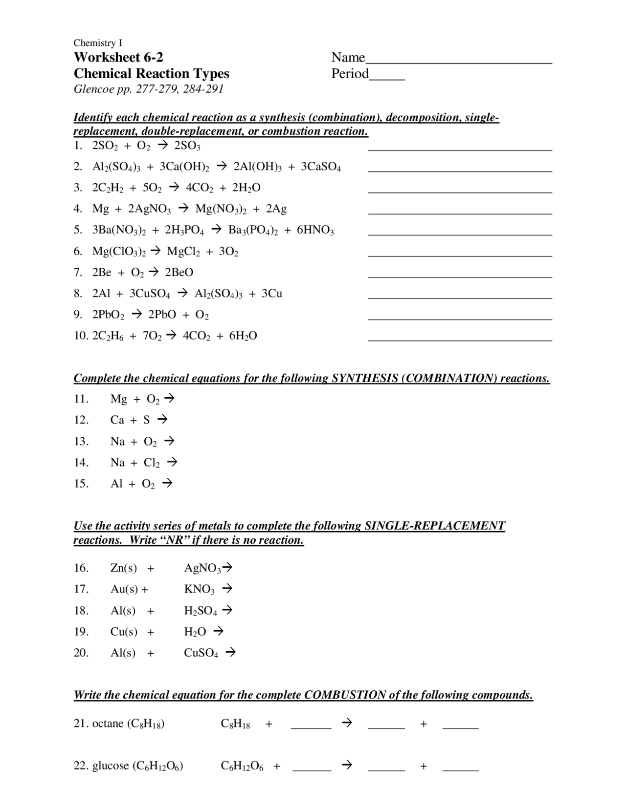 Worksheet 6 2 Name Chemical Reaction Types Period Slide Chimica Docsity